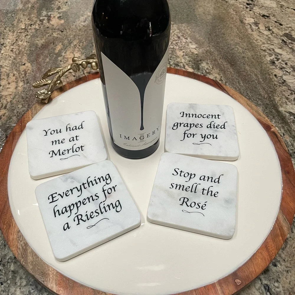 SOLID MARBEL COASTERS WINE lovers theme fun sayings nature stone set of 4 boxed